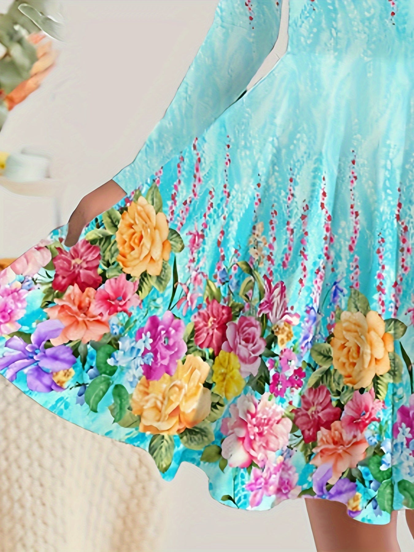 Girls' Long Sleeve Dress with Bright Floral Print, Stretchy Polyester, Fall Winter