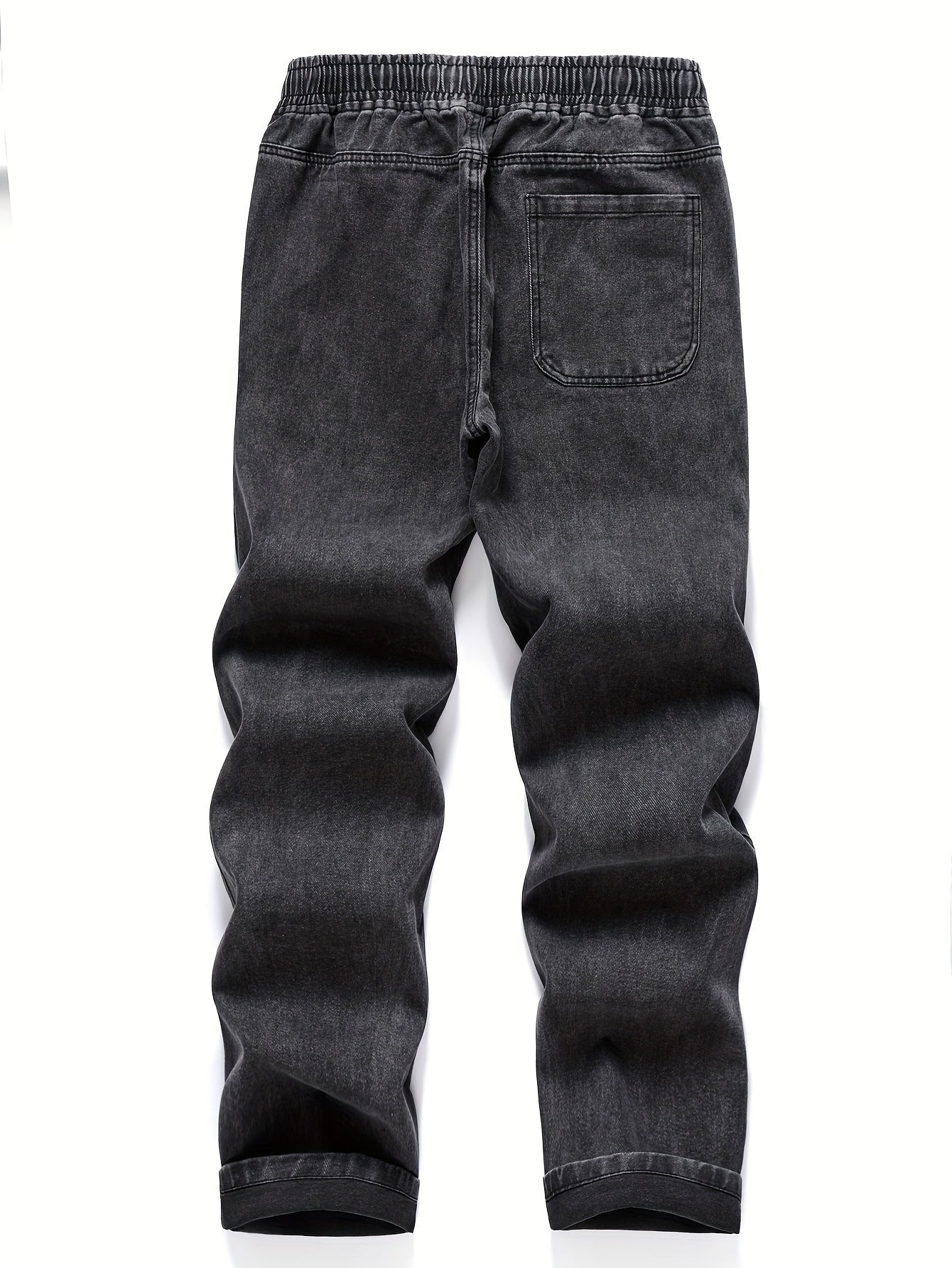 Men's Washed Denim Trousers with Pockets and Drawstring Waist for Outdoor Activities