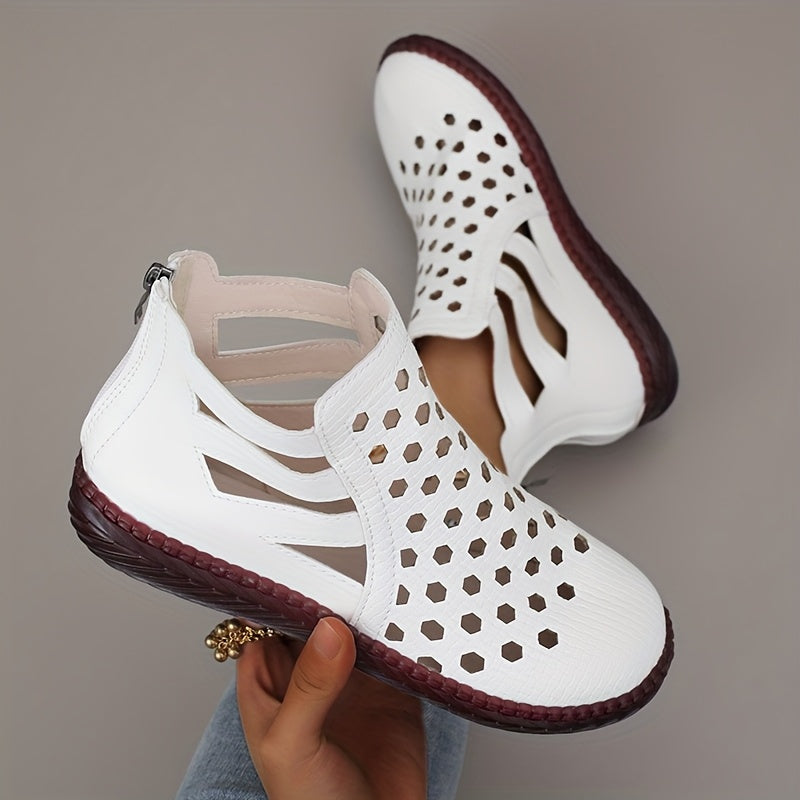 Women's Rhinestone Ankle Boots with Cut-Outs Zipper Flat Sole All-Season