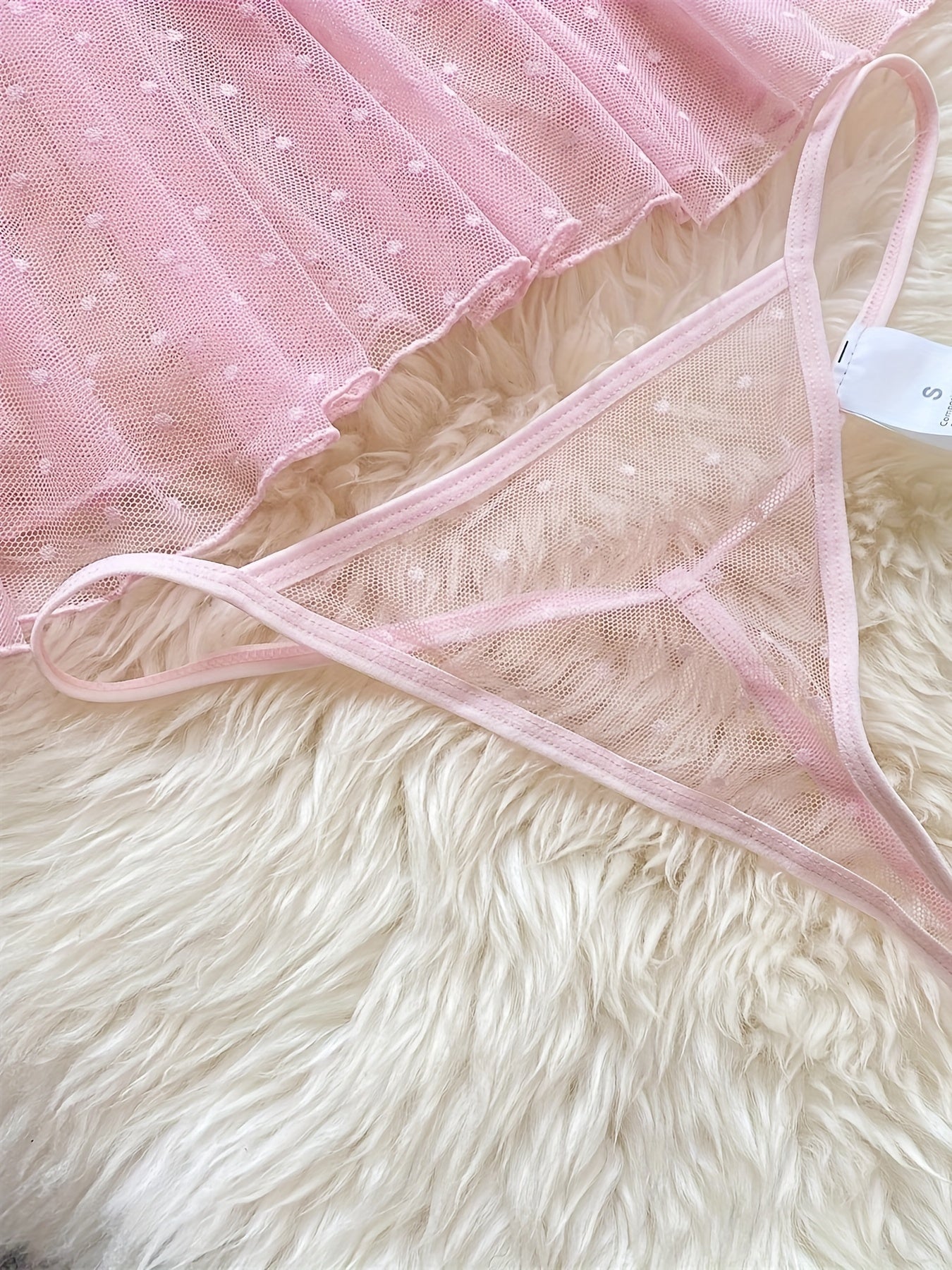 Polka Dot Mesh Dress with V-Neck Ruffle Trim Backless Thong