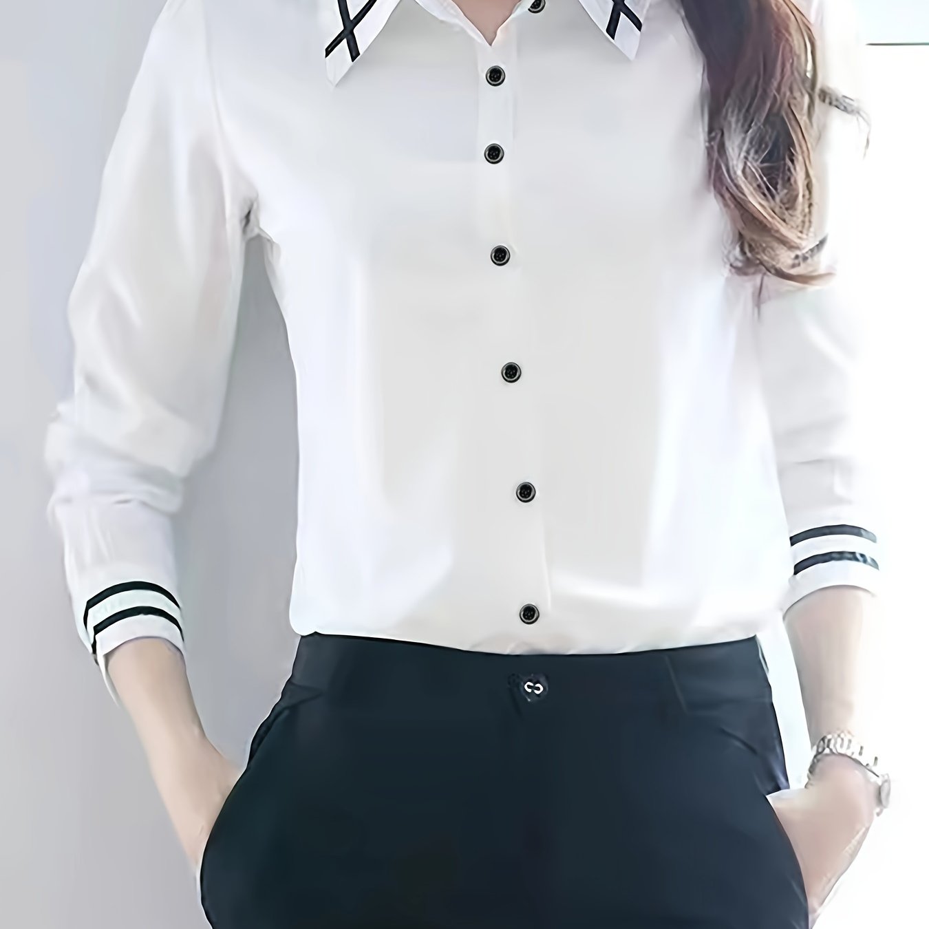 Women's Beige Polyester Dress Shirt Long Sleeve Button-Up Office Casual Spring Summer