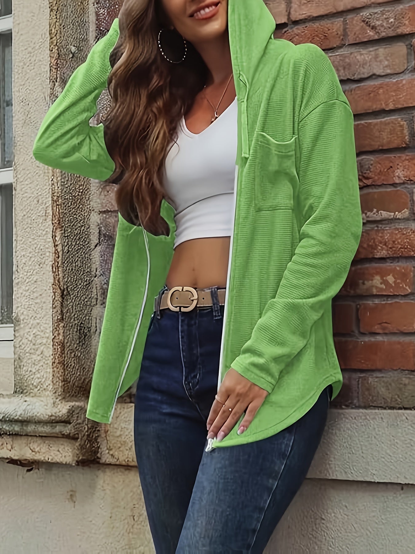 Women's Plus Size V-Neck Hoodie with Zipper Pocket Spring Fall Knit Solid