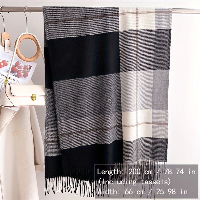Winter Shawl for Women Faux Cashmere Plaid Tasseled Vintage Style