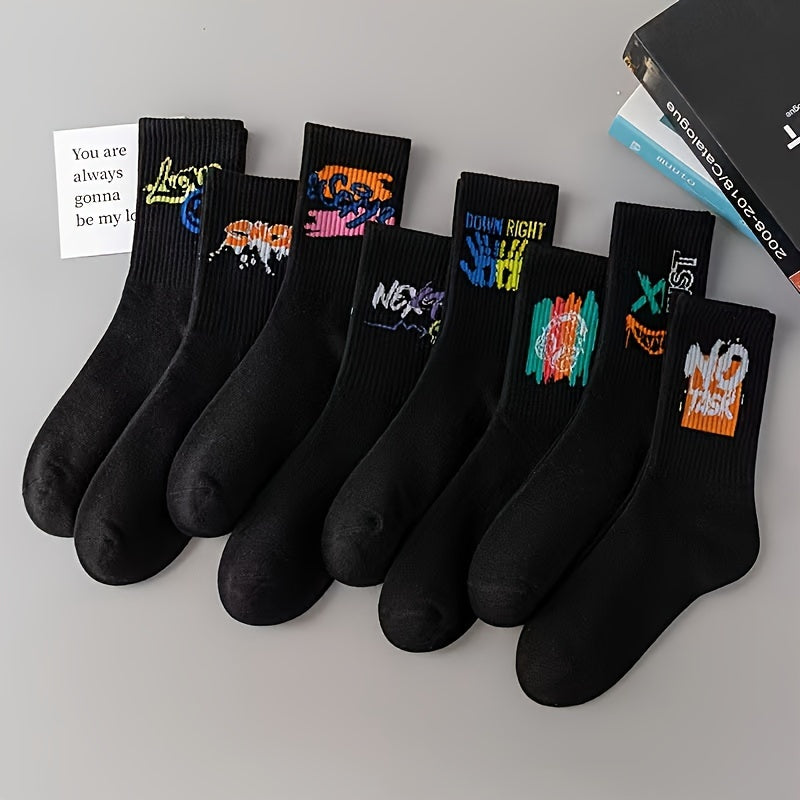 Set of 5 Black and White Graffiti Mid-Calf Sports Socks for Men and Women