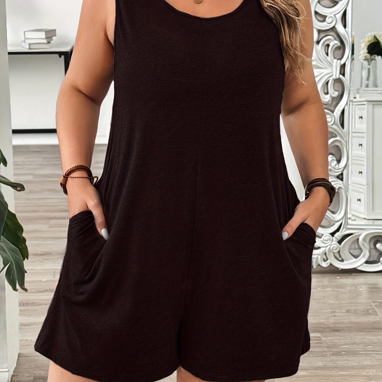 Mono sin mangas para mujer talla grande gris de cintura alta, casual, verano transpirable