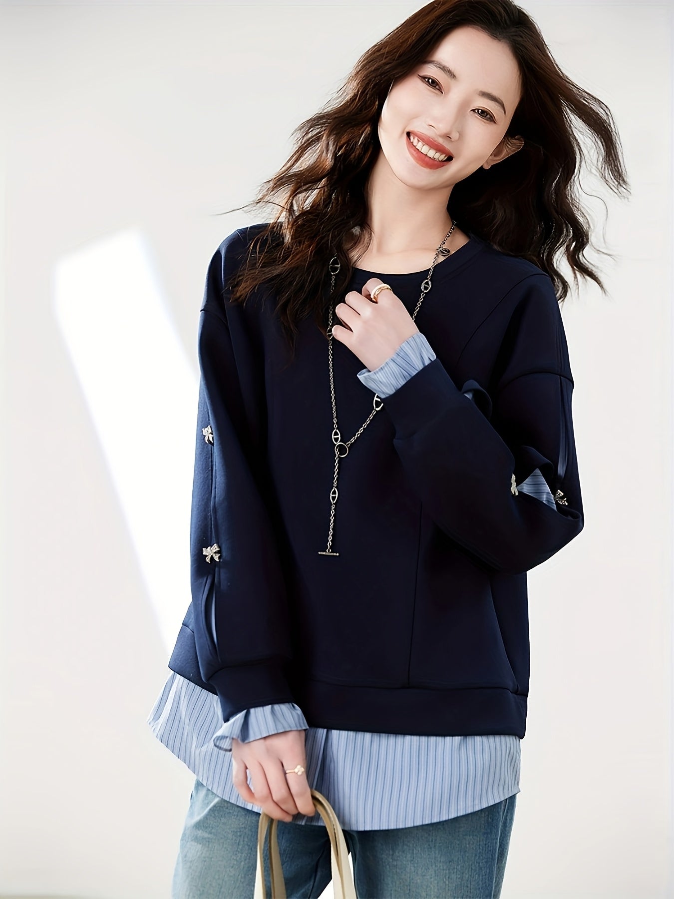 Women's Navy Blue Floral Sweater Rayon Blend Loose-Fit Pullover