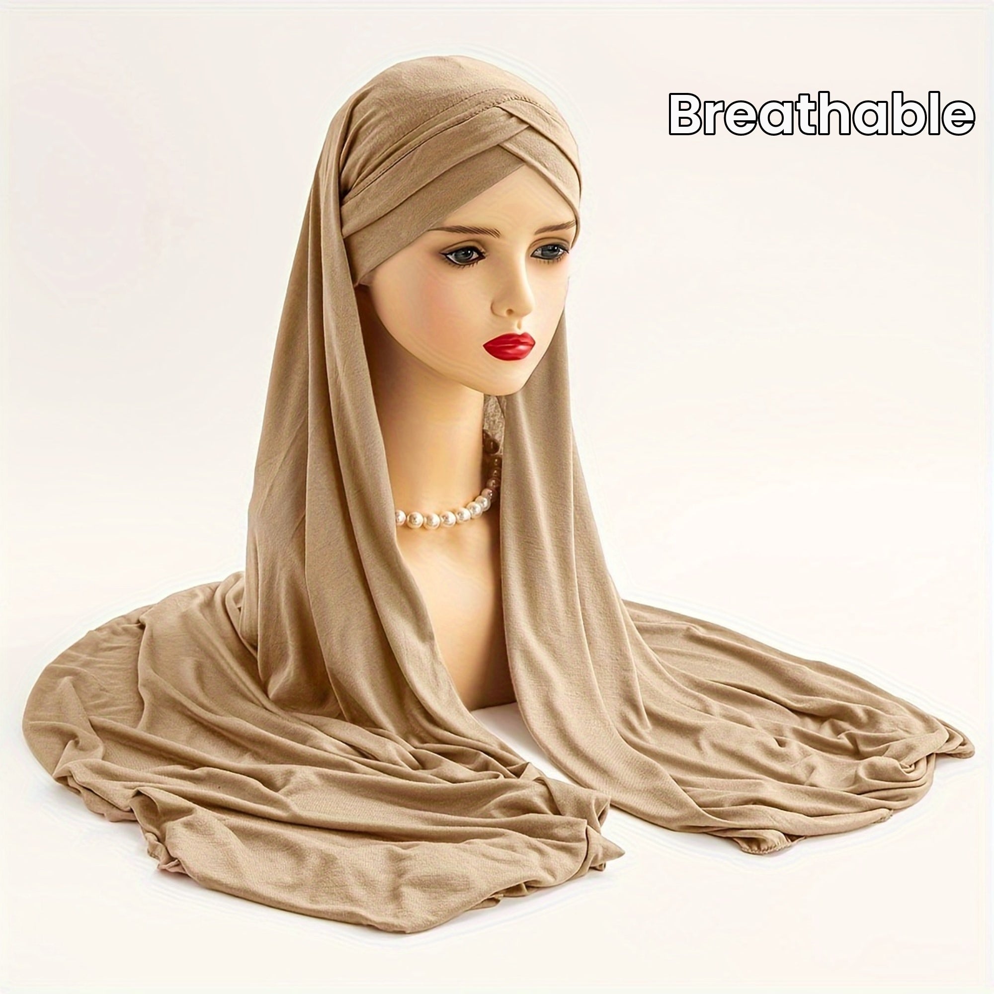 Women’s Breathable Head Wrap with Instant Hijab, Solid Color Elastic Bandana for Sun Protection