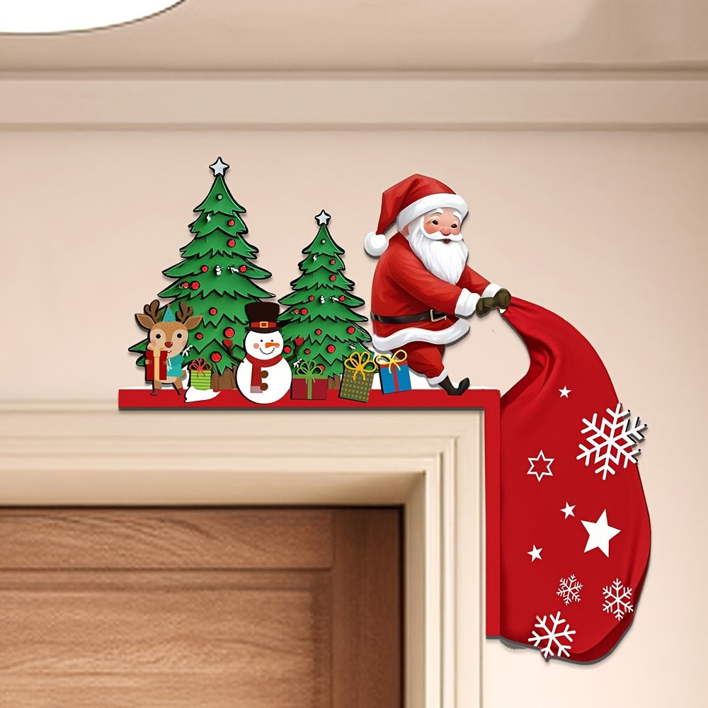 Decoración rústica de puerta navideña con Santa, muñeco de nieve y reno, regalo navideño para interior