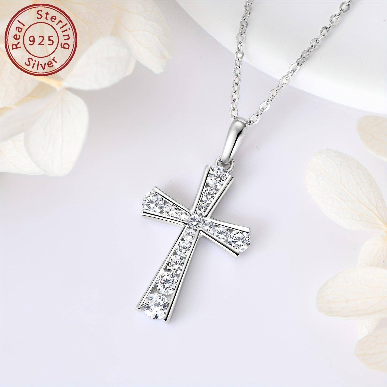 Sterling Silver Cross Pendant Necklace with Synthetic Zirconia Stones for Daily Wear