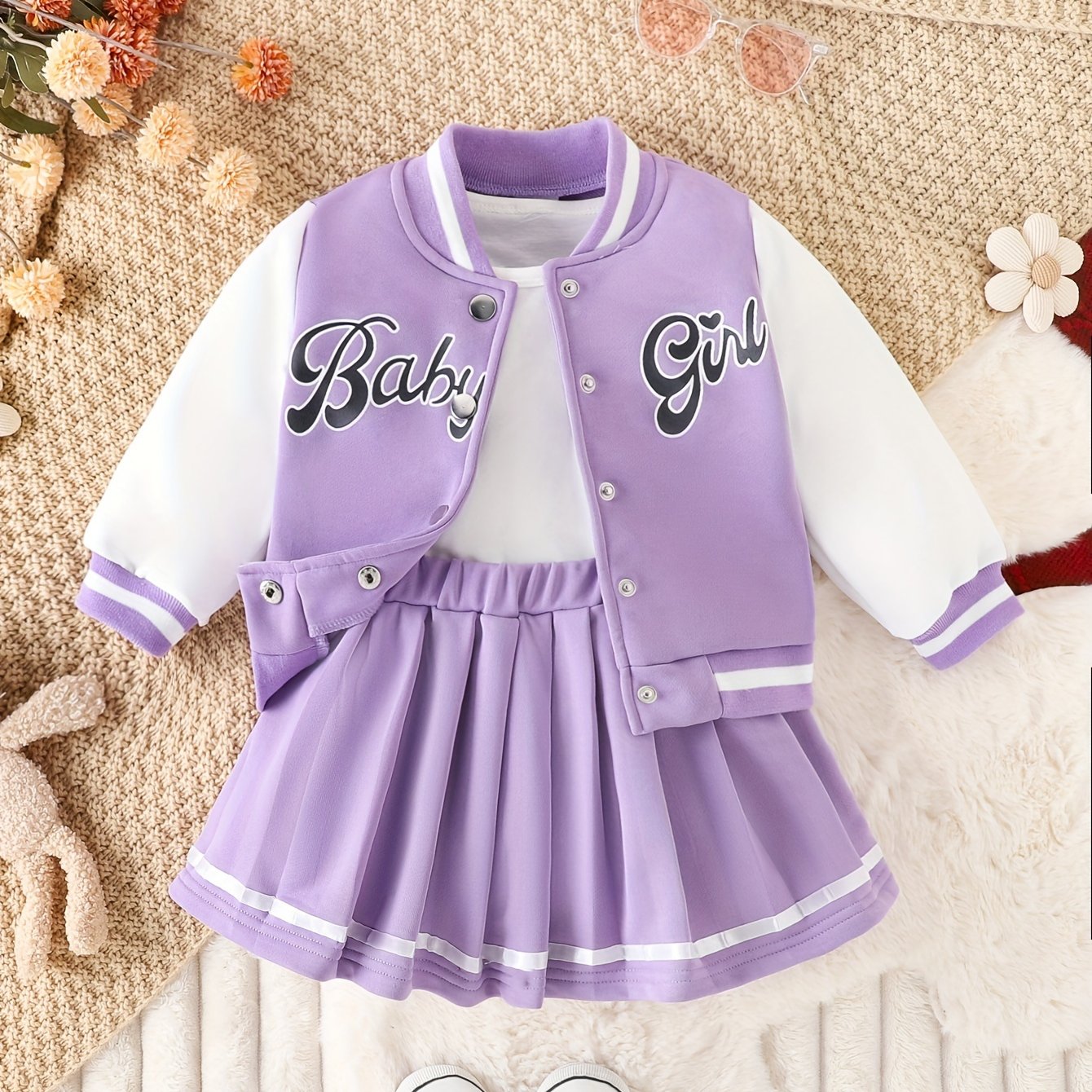 Girls Baby Girl 2-Piece Baseball Jacket and Pleated Skirt Set Fall Winter Cotton Blend