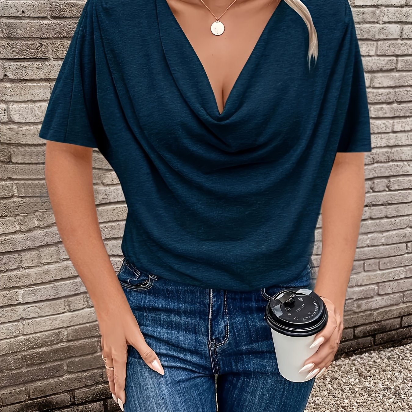 Blusa de manga corta con escote en V para tallas grandes de mujer, tela elástica resistente a las arrugas