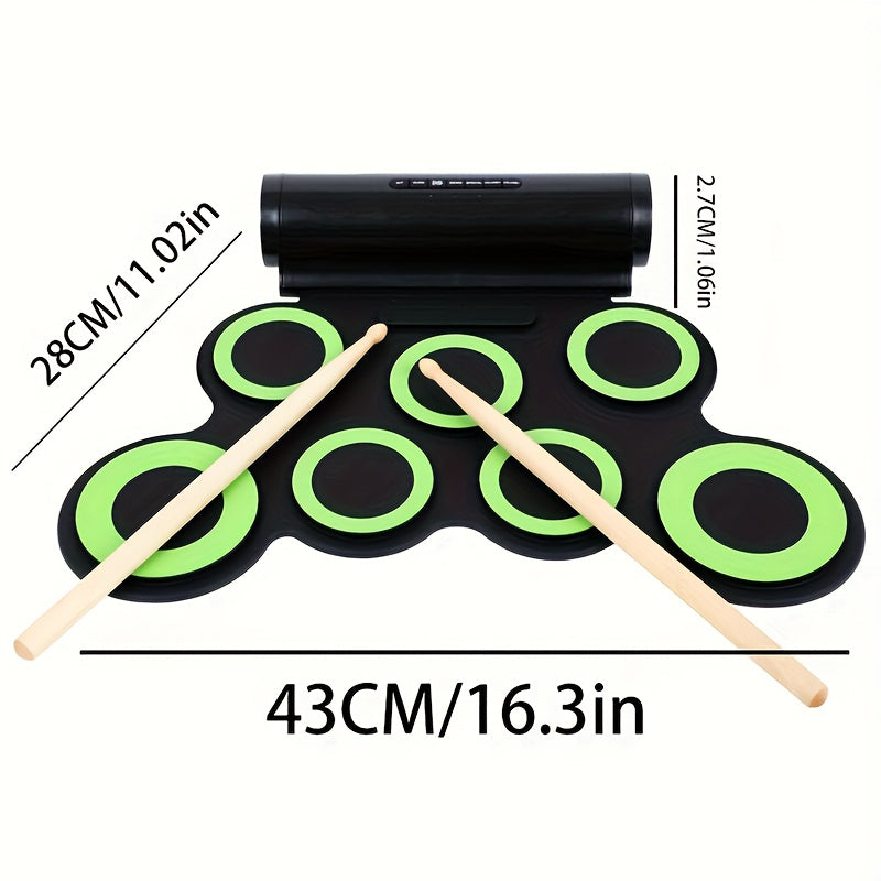 Set de batería eléctrica para niños con roll-up y auriculares, recargable por USB, material ABS, color verde