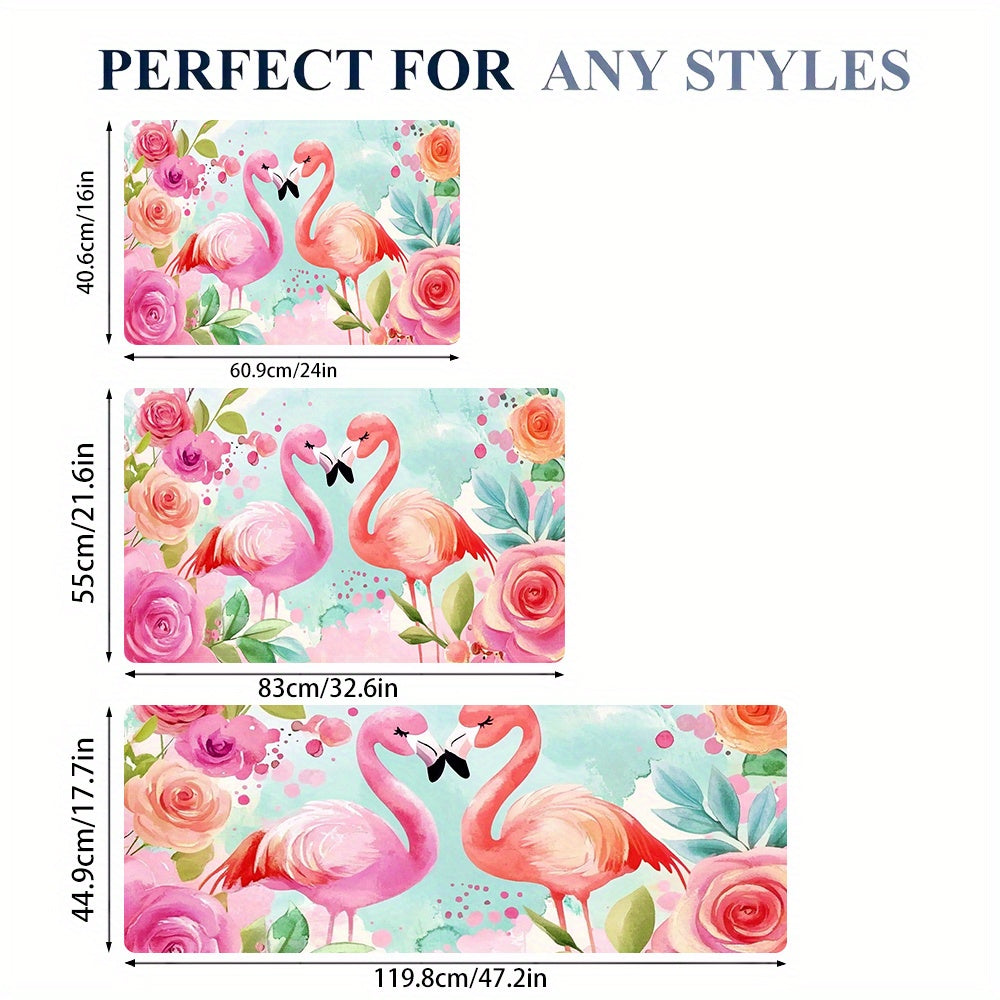 Vibrant Flamingo Floral Anti-Slip Floor Mat 100% Polyester Washable Absorbent