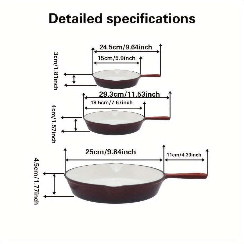 Набор из трех чугунных сковородок с эмалевым покрытием красного и кремового цветов, размером 15,24 см, 20,32 см и 25,4 см. Можно использовать на плите и в духовке.