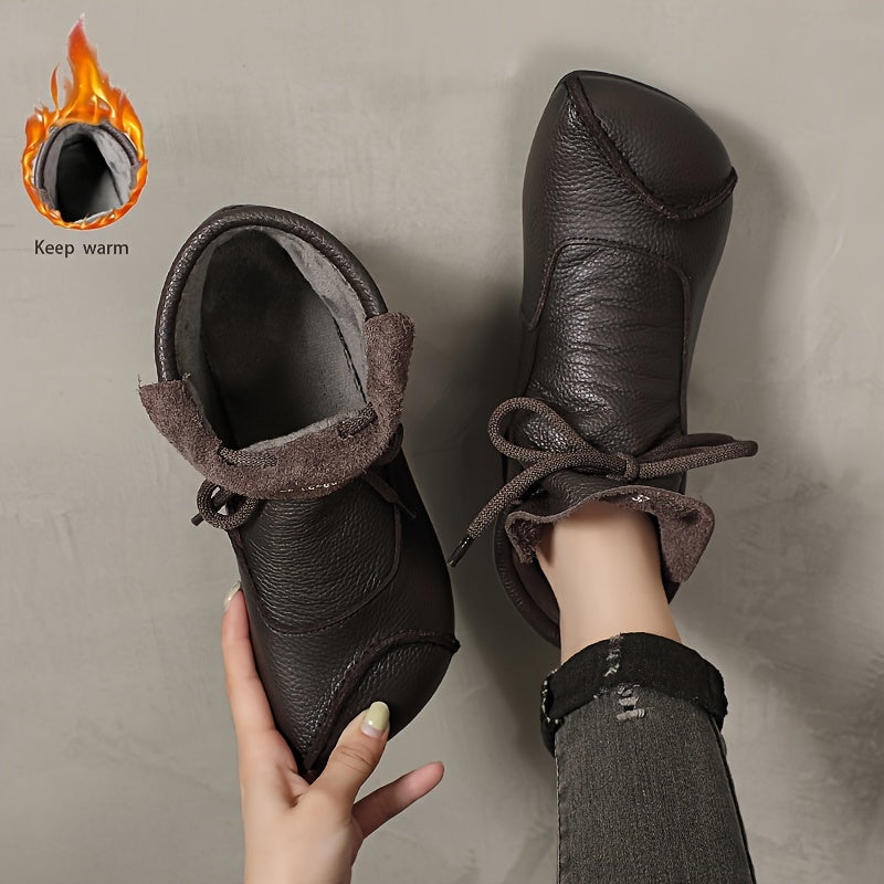 Botines de tobillo para mujer negro, marrón y burdeos de cuero de vaca, forro de felpa acogedora, casuales, planos, con slip-on