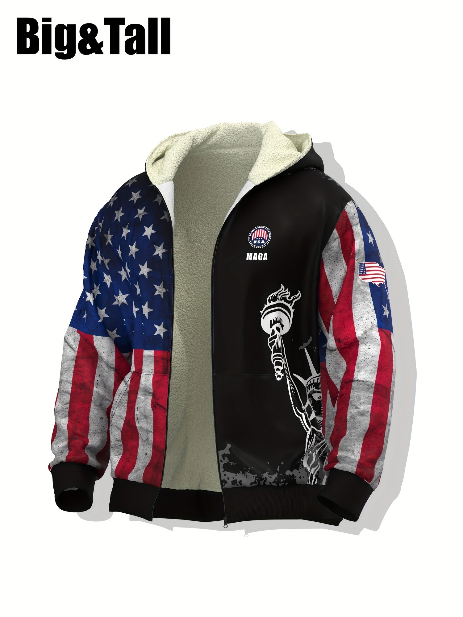 Erkaklar uchun Amerika bayrog'i va Ozodlik haykali printi bilan bezatilgan kapüşonli patriotik kurtka, katta va baland o'lchovlar, shamol to'suvchi uslub, polyester bilan astarlangan, tasodifiy, qo'l bilan yuvish yoki quruq tozalash, plus o'lchov.