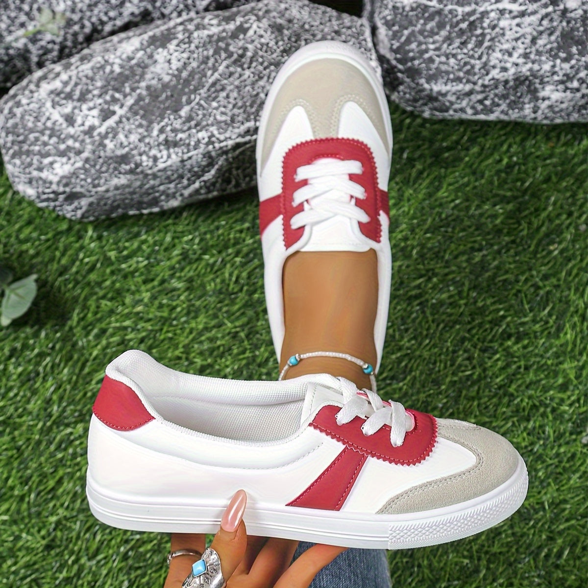 Women's Casual White Sneakers with Color Block Design and Lightweight Sole