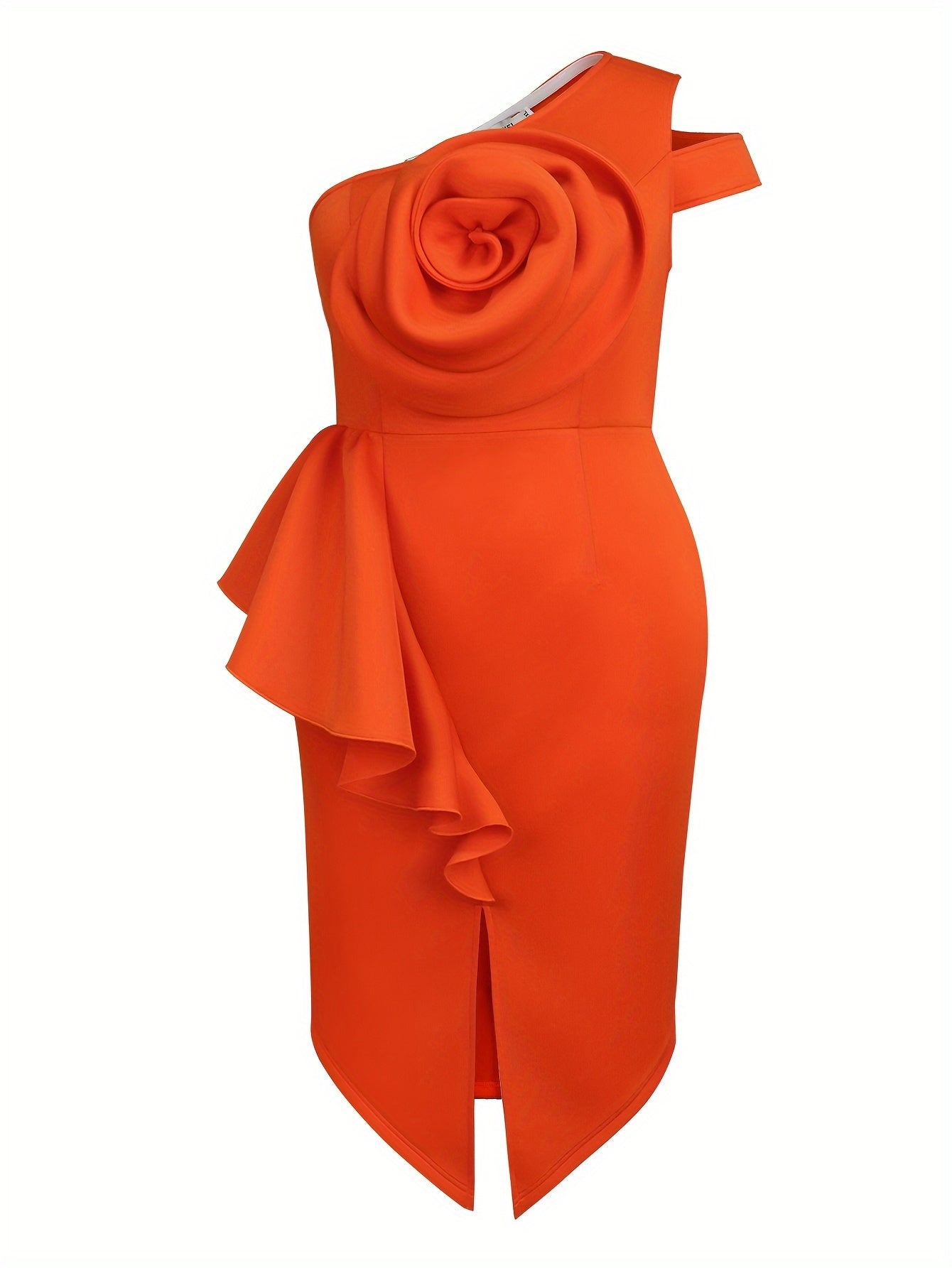 Vestido midi de mujer talla grande con estampado floral y un solo hombro, de poliéster tricot, estilo sólido