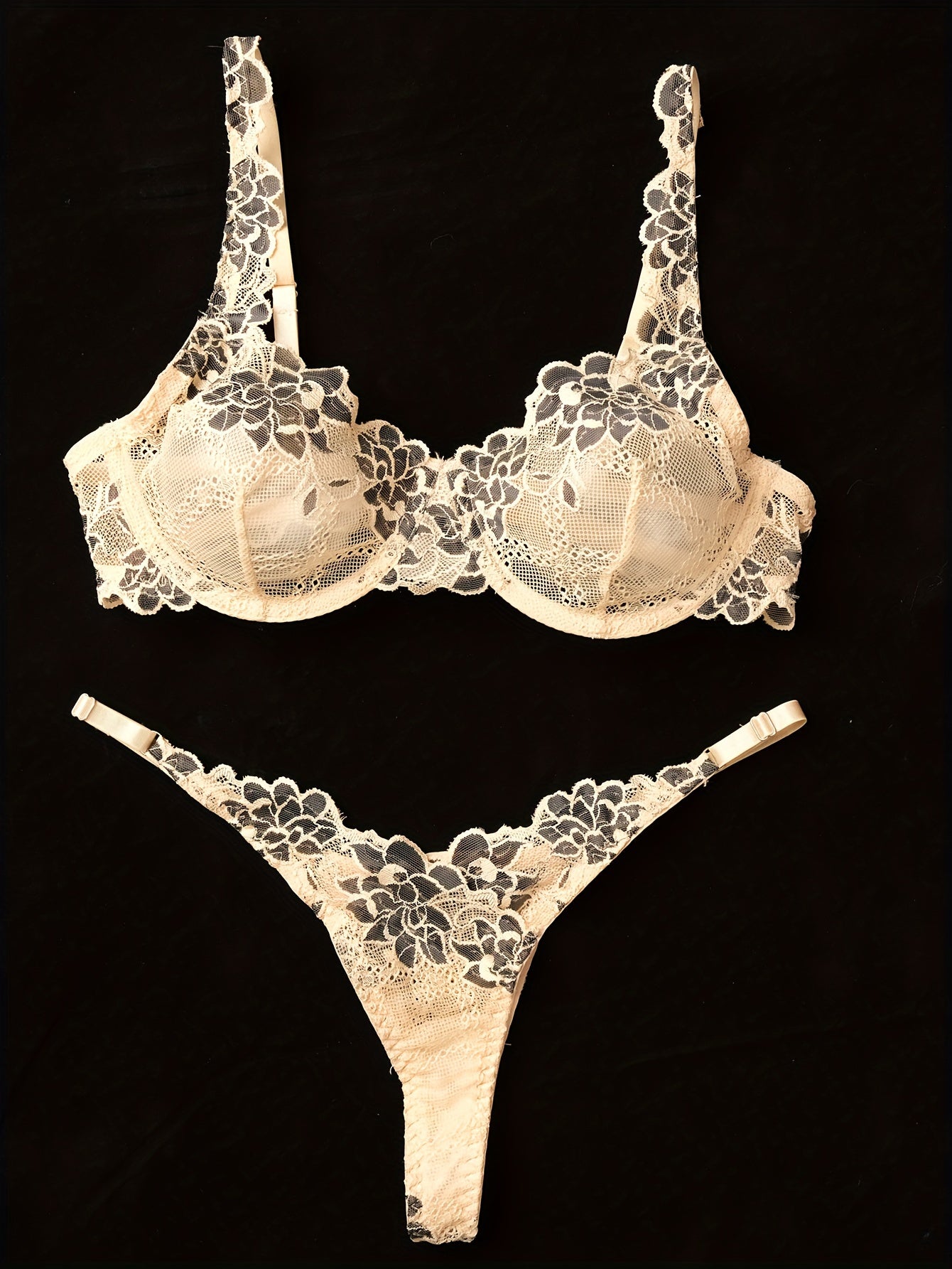 Women's Romantic Lingerie Set with Apricot Lace and Green Floral Underwire Bra and Thong