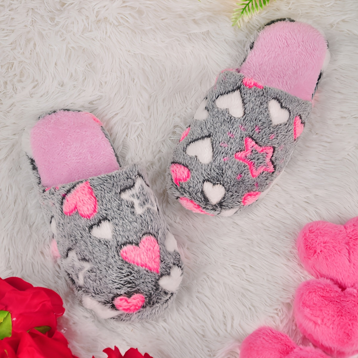 Women's Plush Non-Slip Indoor Slippers with Heart and Star Patterns Pink and Black