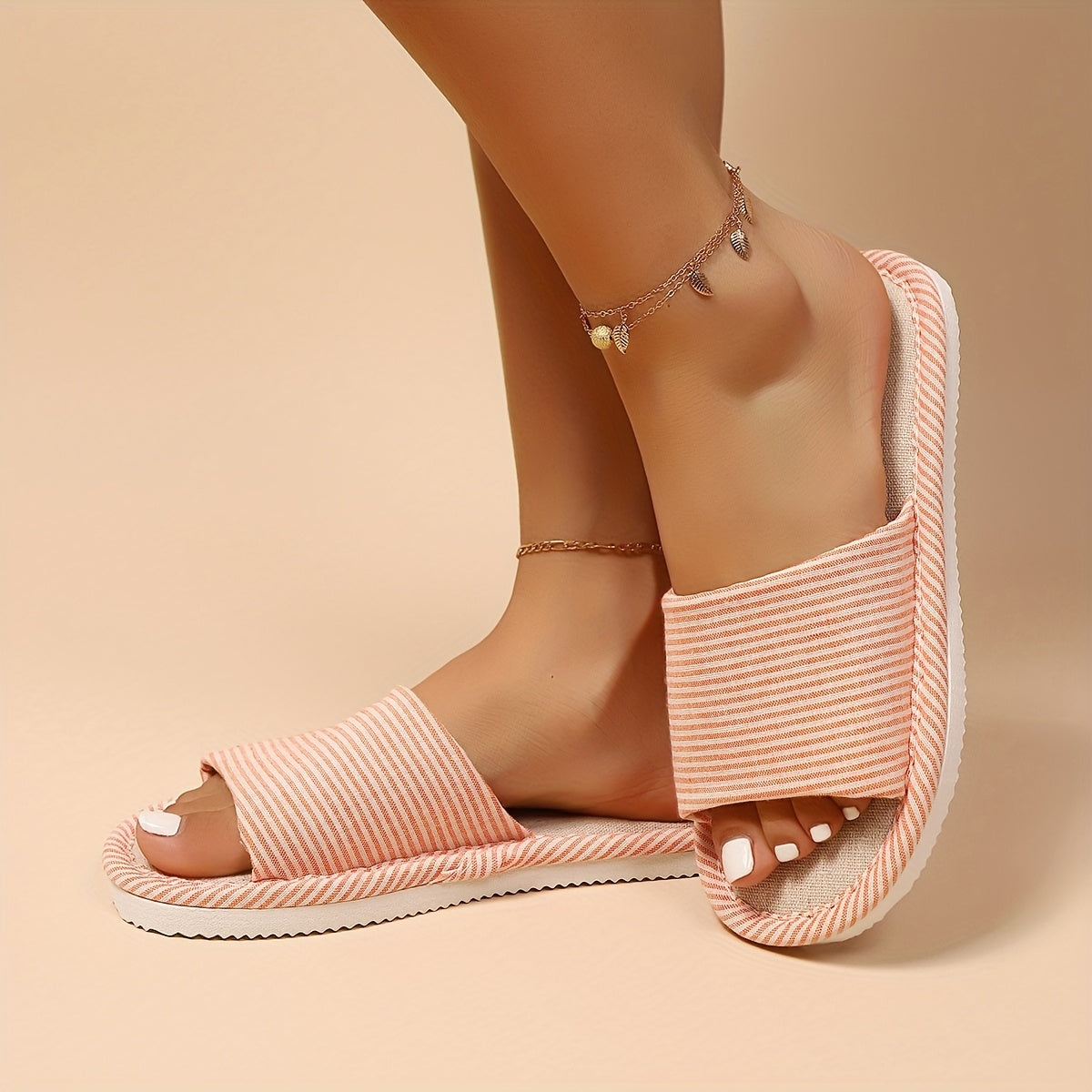 Women's Striped Slip-On Slippers Breathable Fabric Indoor Outdoor Shoes