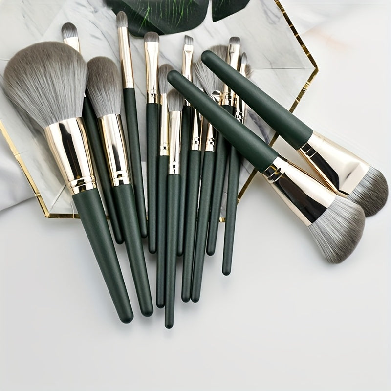 14-Piece Green Makeup Brush Set for Face and Eye Contouring Blending