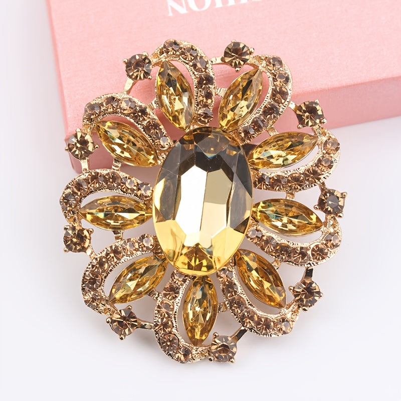Women's Rhinestone Floral Brooch with Quadrilateral Gemstone Horse Eye Pin