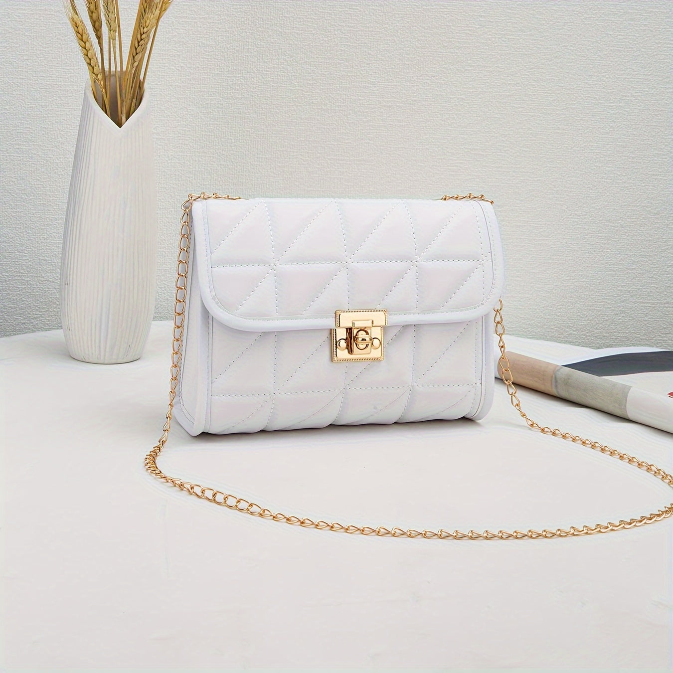 Quilted Crossbody Bag with Chain Strap Lock Closure Faux Leather Solid Color for Women