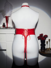 Women's Plus Size Red Glossy PU One-Piece Swimsuit with Cross-Back Design