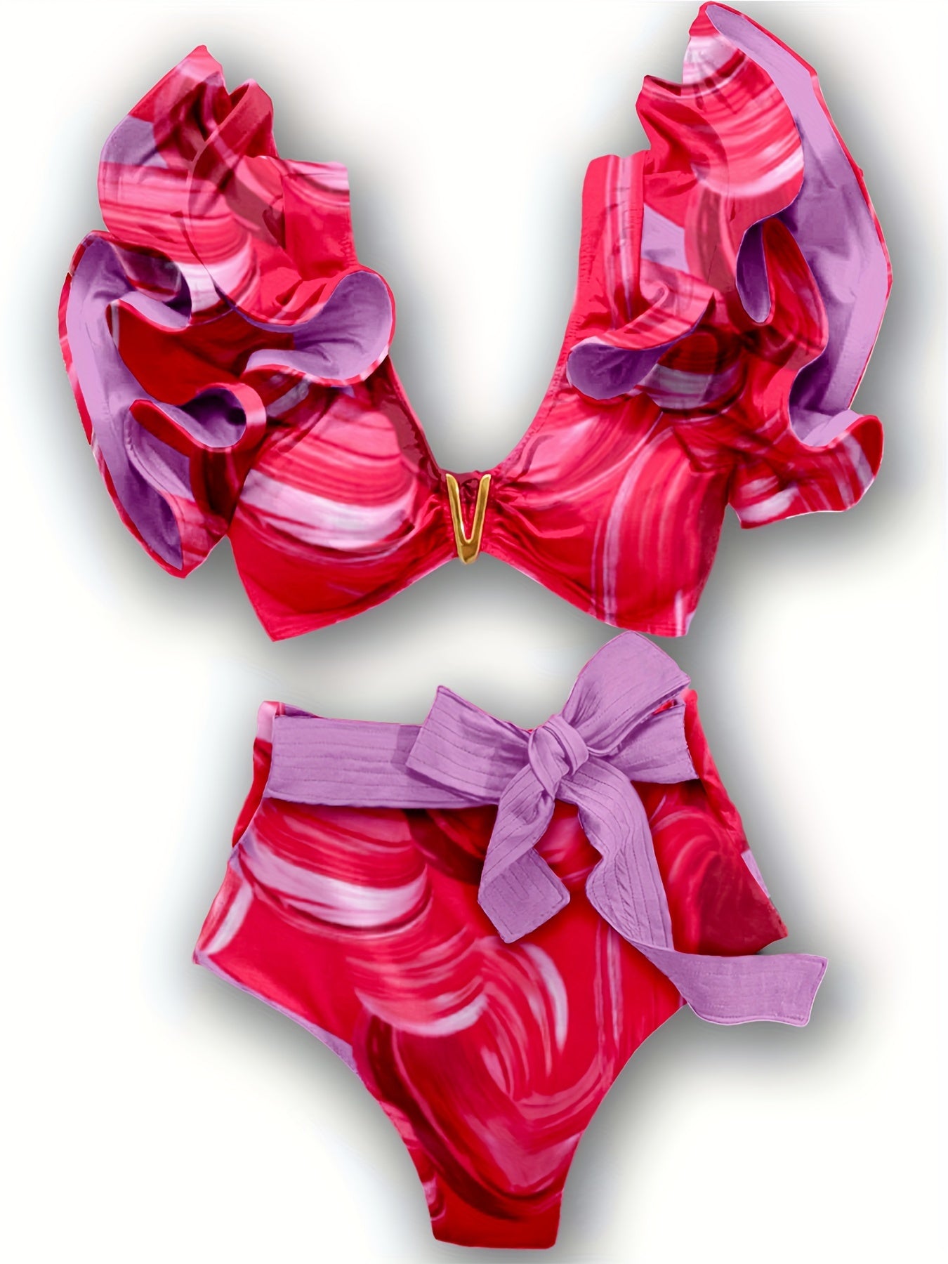 Women's Solid Color Pleated Ruffled Bikini Set with Tie-Up Design for Swimming 2024