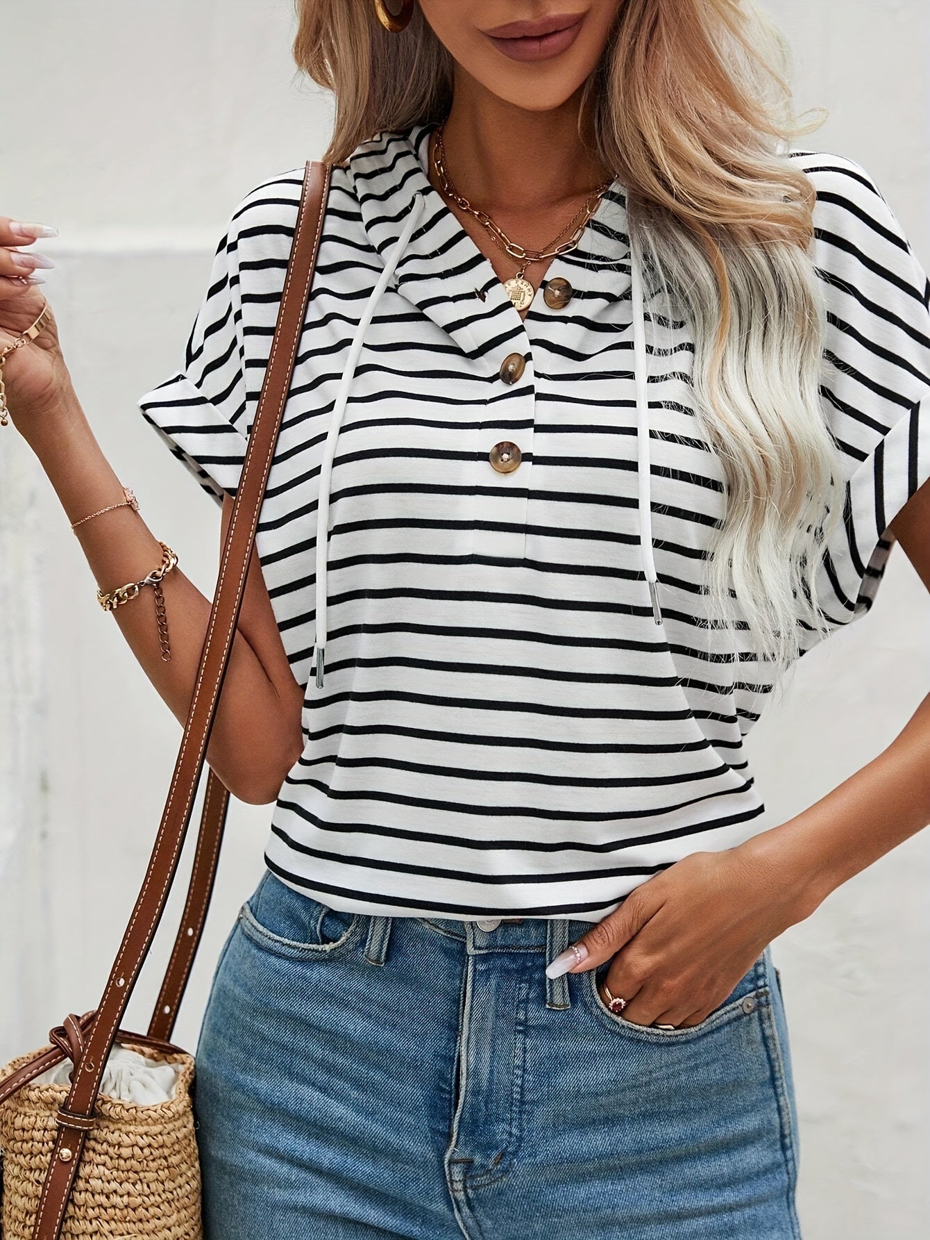 Women's Striped Button Front Hoodie with Batwing Sleeves and Drawstring Hood