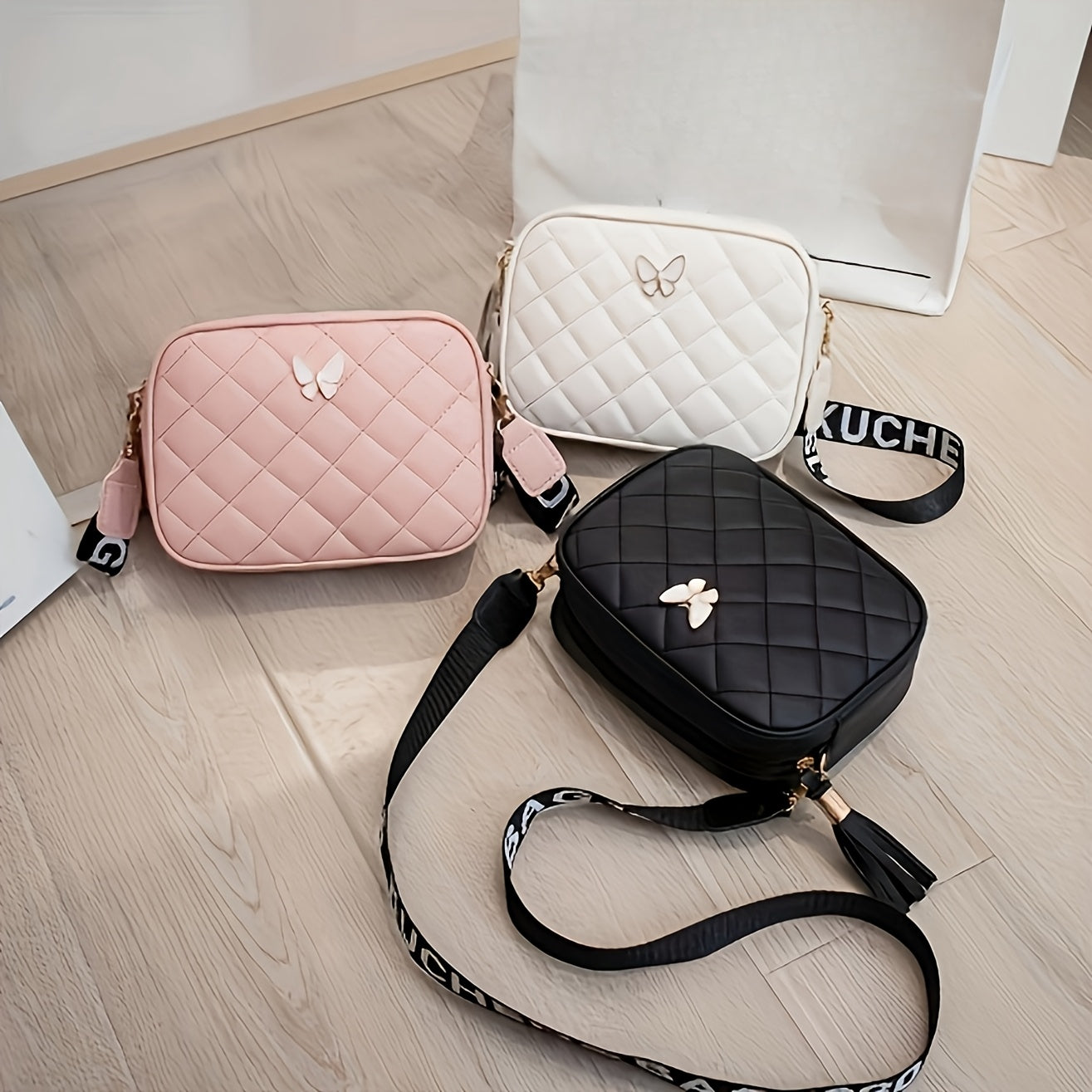 Girls Crossbody Bag PVC Diamond Lattice Adjustable Zipper Casual Fashion