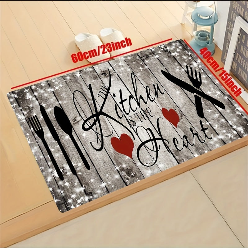 Wood Grain Kitchen Mat with Heart Knife and Fork Design Durable Polyester Non-Slip Washable