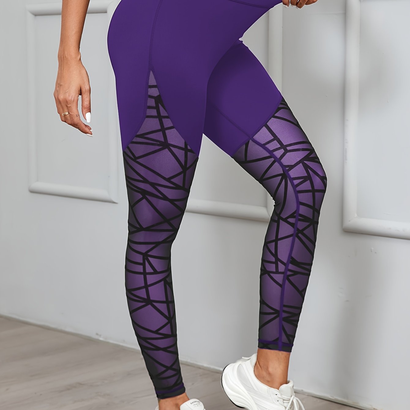 Women's High Waist Geometric Mesh Leggings for Yoga and Fitness Medium Stretch Polyester
