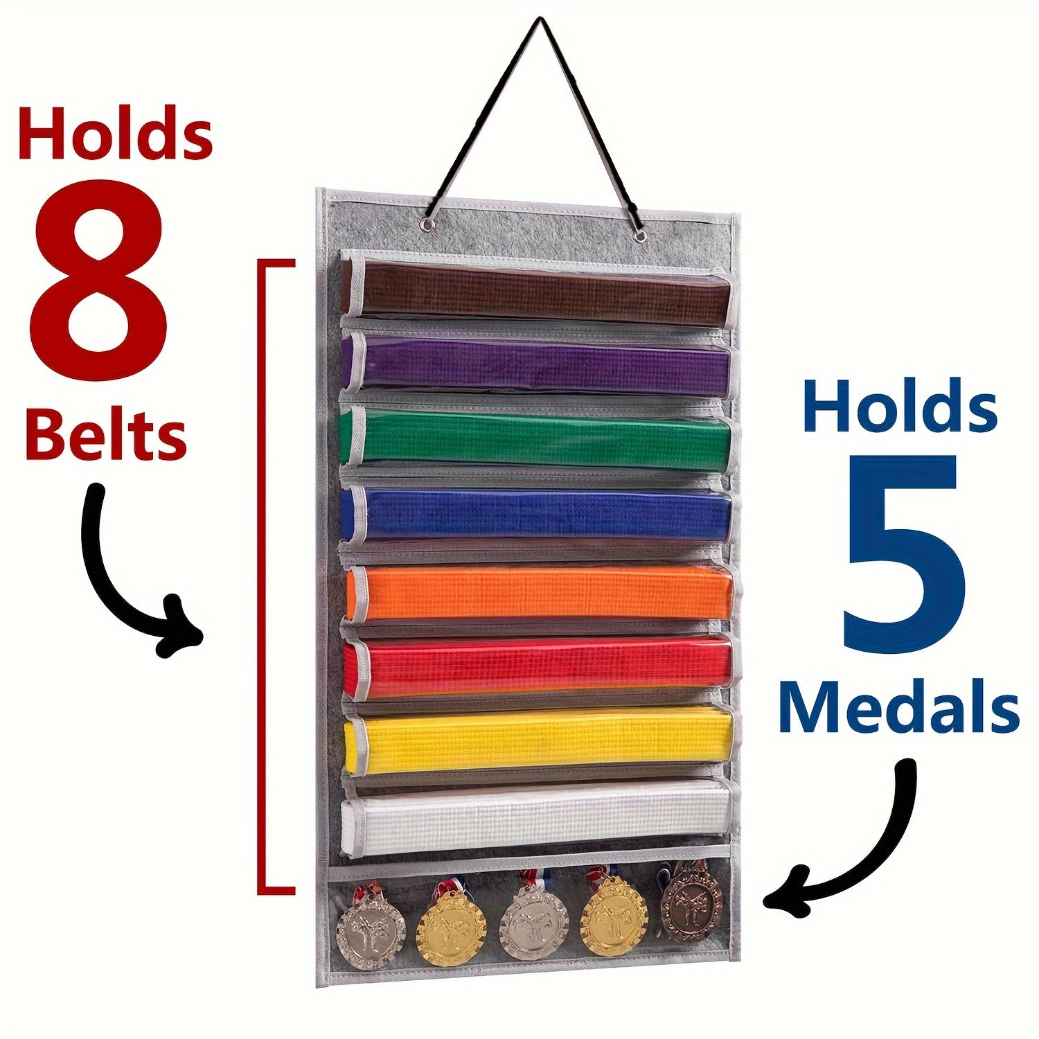 Martial Arts Belt and Medal Organizer Wall Rack with 9 Clear Pockets