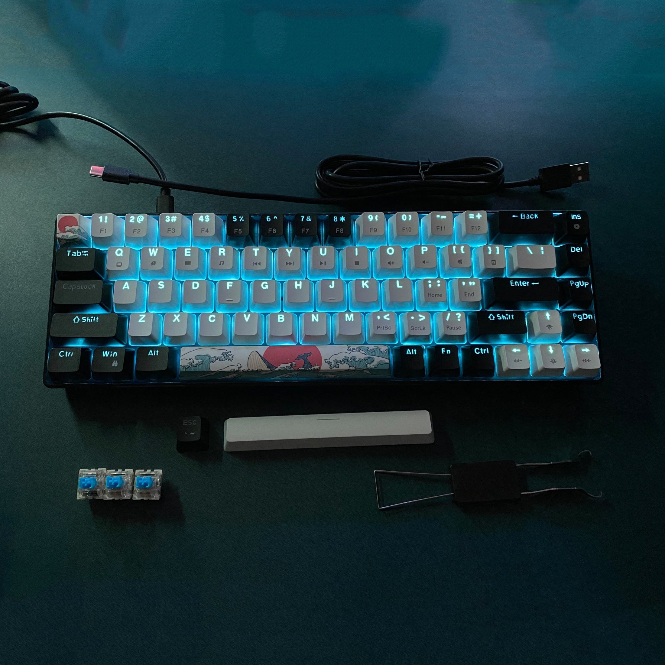 68-Key Mechanical Gaming Keyboard with Blue Backlight Hot-Swappable Switches and Detachable Cable