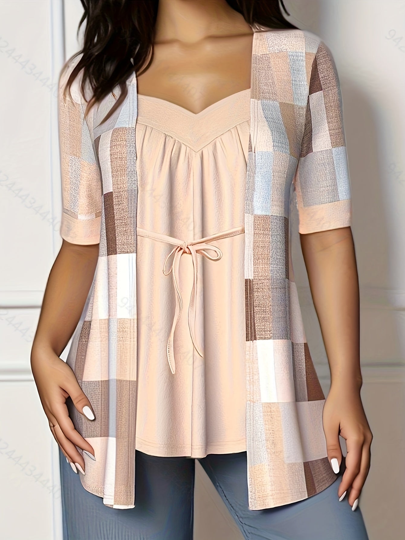 Кардиган женский в крупном размере из трикотажа с шнуровкой, геометрический принт, V-образный вырез, весна-осень