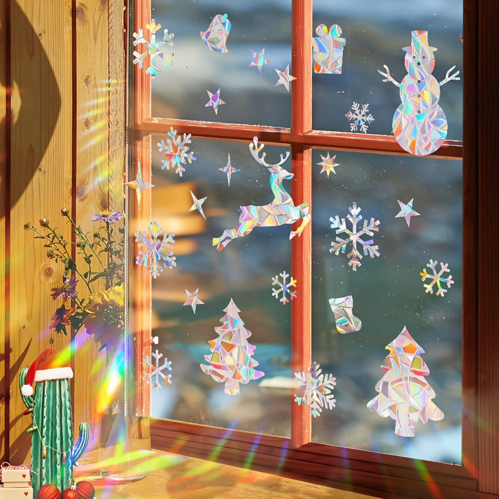 Reusable Static Cling Stickers Set Rainbow Prism Holiday Window Decals Snowflake Bird