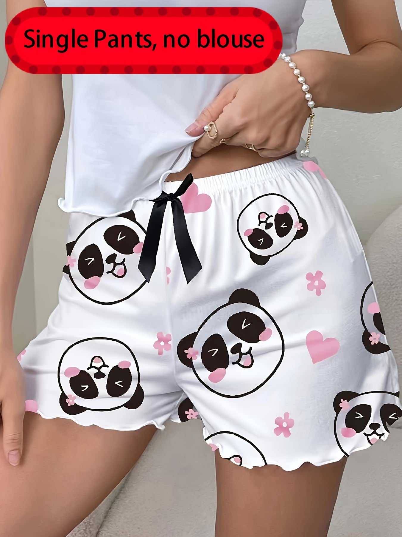 Women's Sleep Shorts with Panda Print Frill Trim Elastic Waist Casual Loungewear