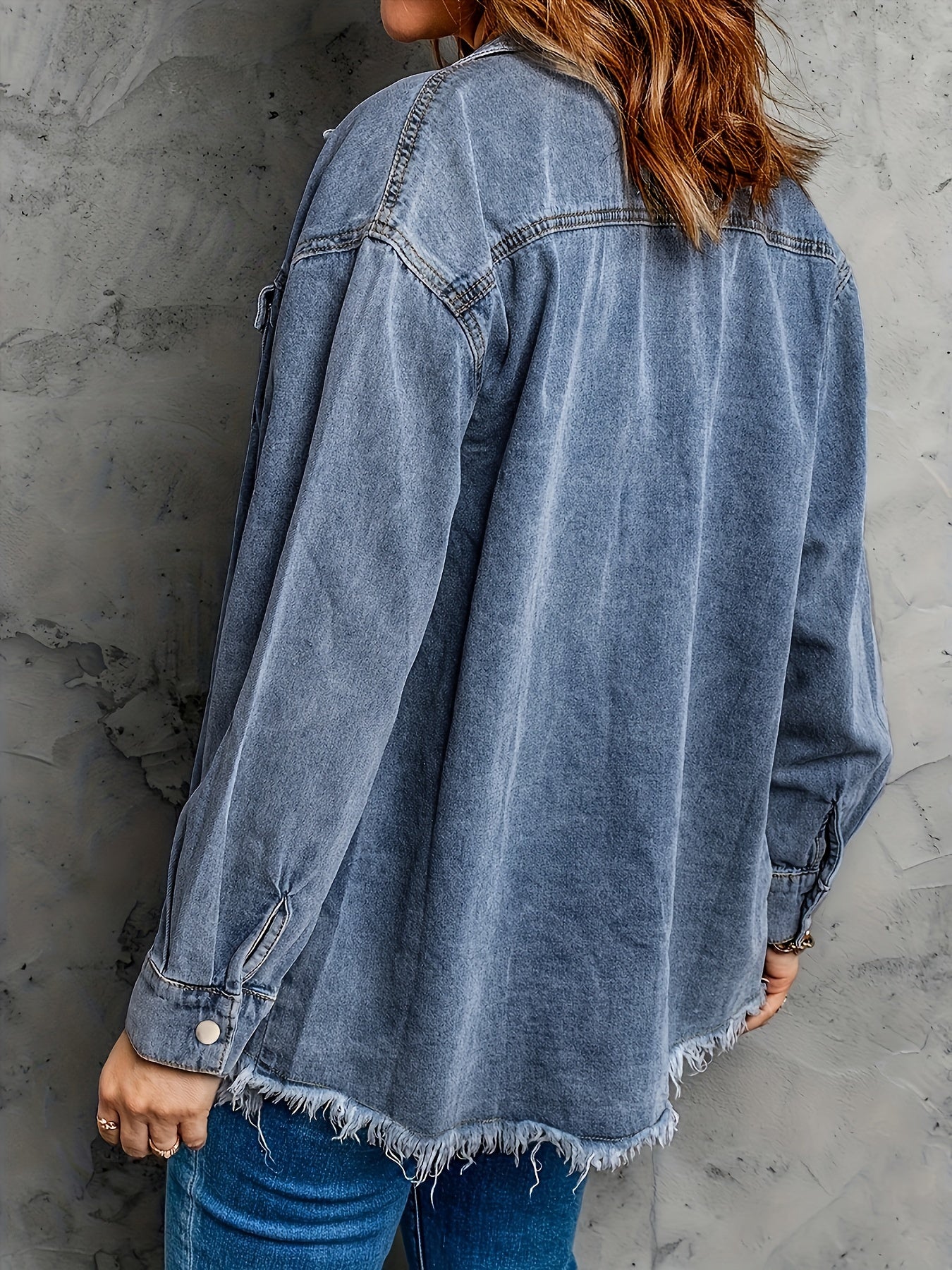 Women's Denim Long Sleeve Shirt with Frayed Hem Solid Color All Seasons