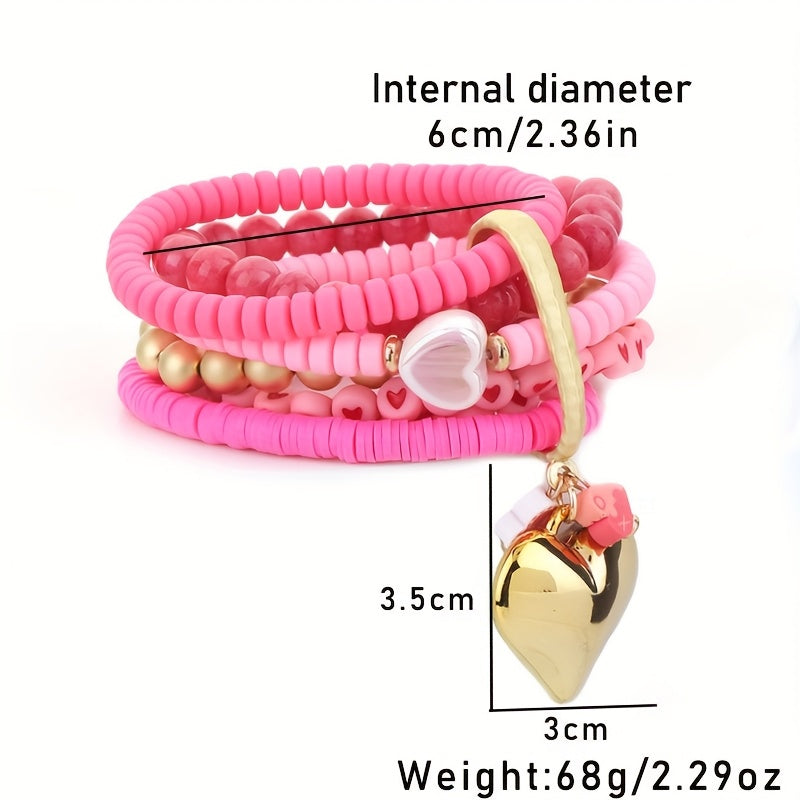 Pulsera de resina rosa bohemia con incrustaciones de corazón para mujeres