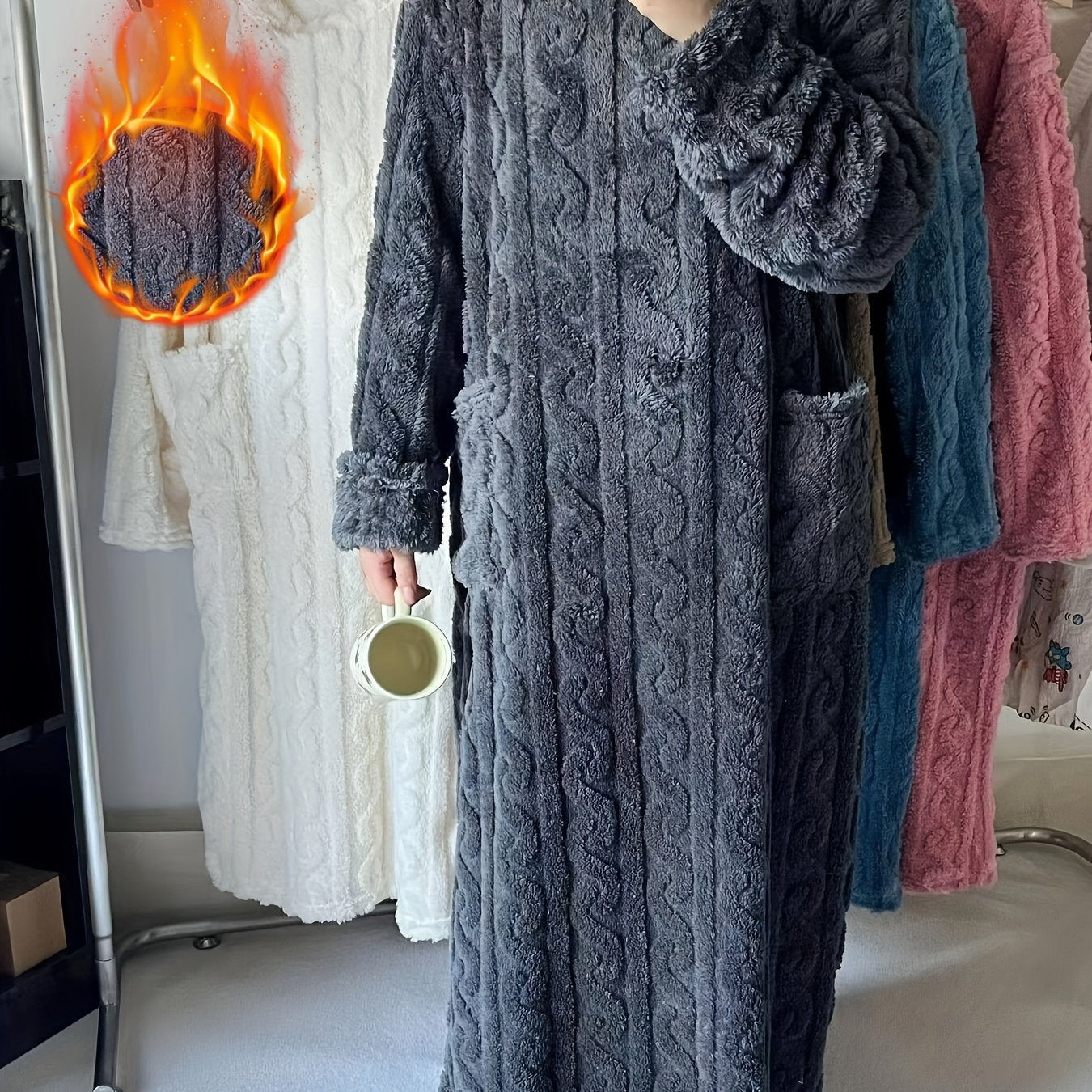 Long Coral Fleece Nightgown for Women Warm Autumn Winter Pajama Bathrobe with Pockets