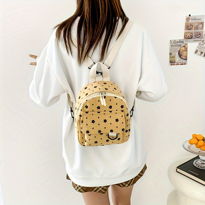 Zarif Mini Gul Ruxsatnomasi - Korduroy, Moslashuvchan Tasmalar, Zip Yopilishi | Ayollar uchun tasodifiy rucksack