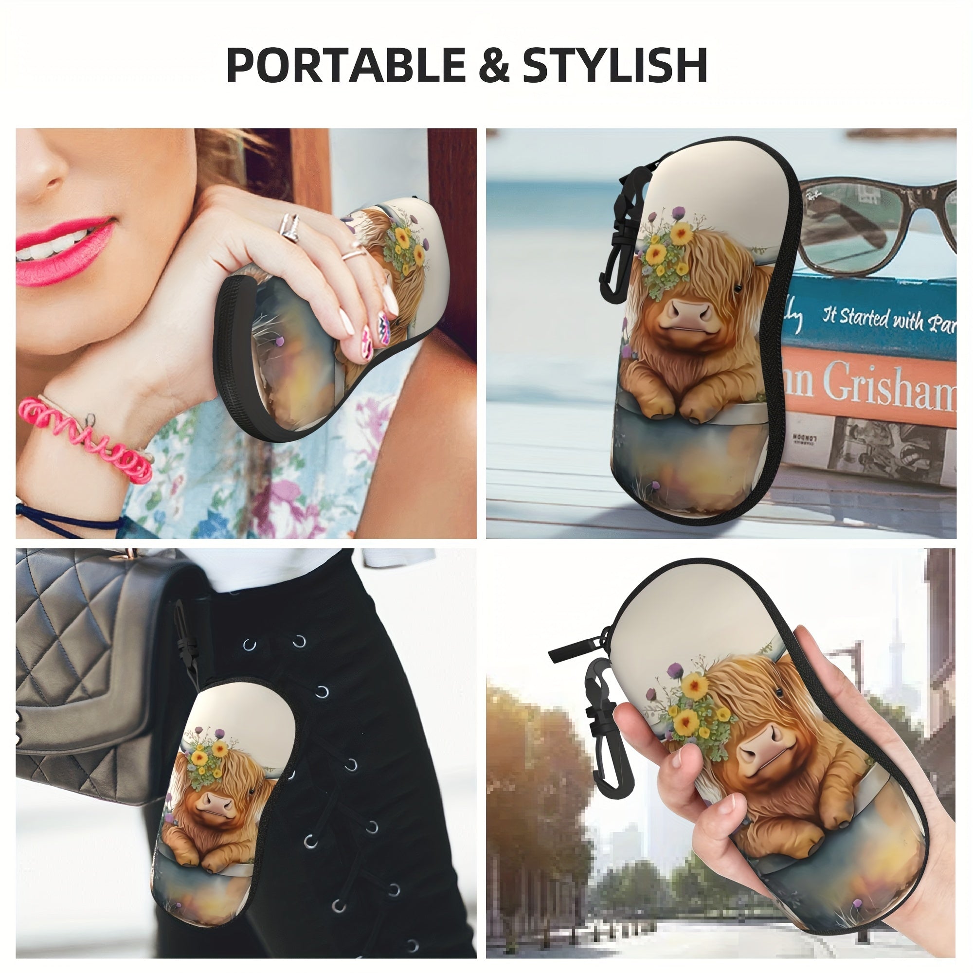 Highland Cow Print Glasses Case Neoprene Eyewear Pouch with Zipper and Belt Clip for Women