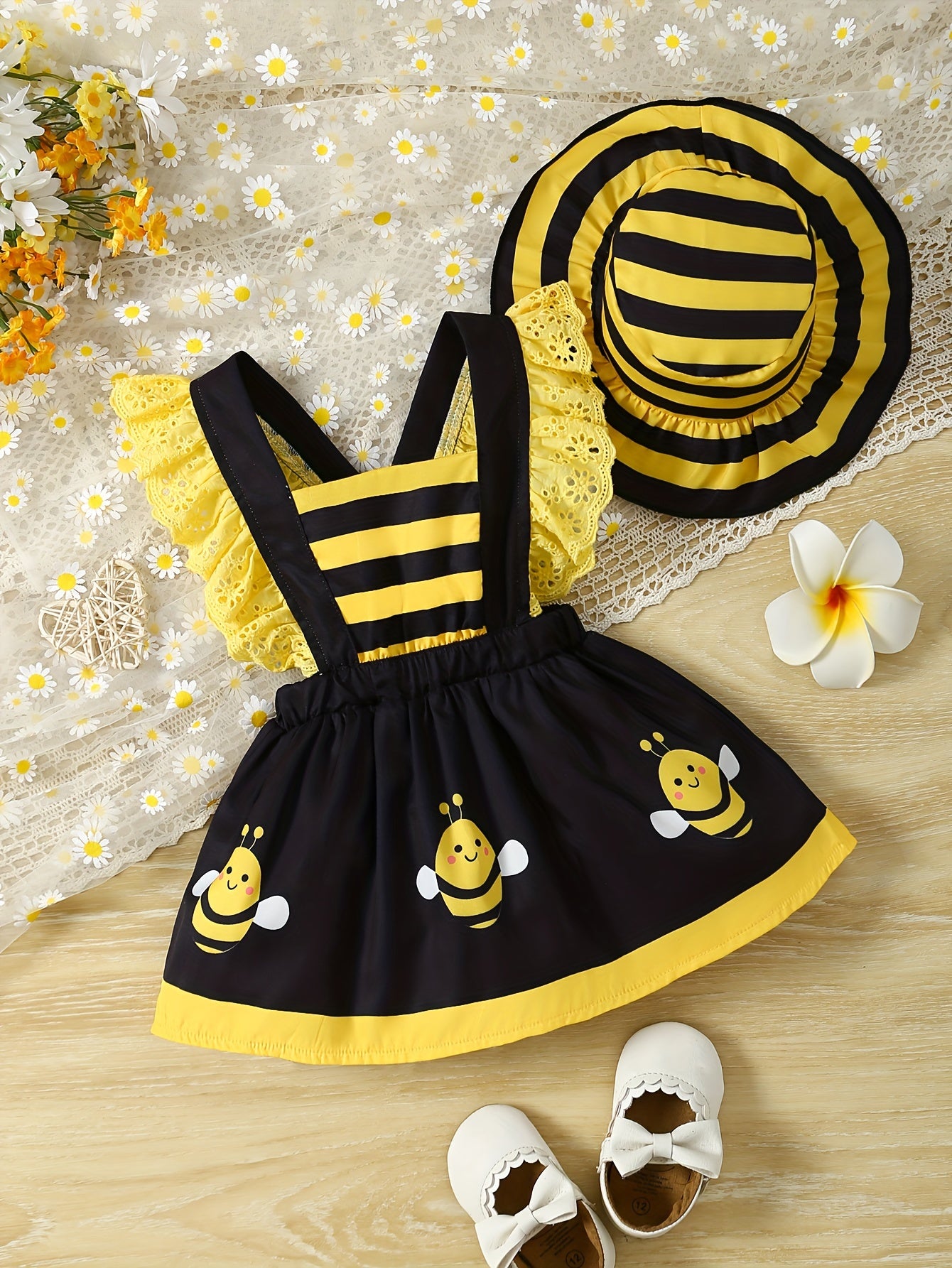Girls Summer Dress Set with Matching Sun Hat Bee Ladybug Striped Ruffle Trim Polyester