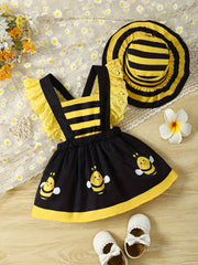 Girls Summer Dress Set with Matching Sun Hat Bee Ladybug Striped Ruffle Trim Polyester