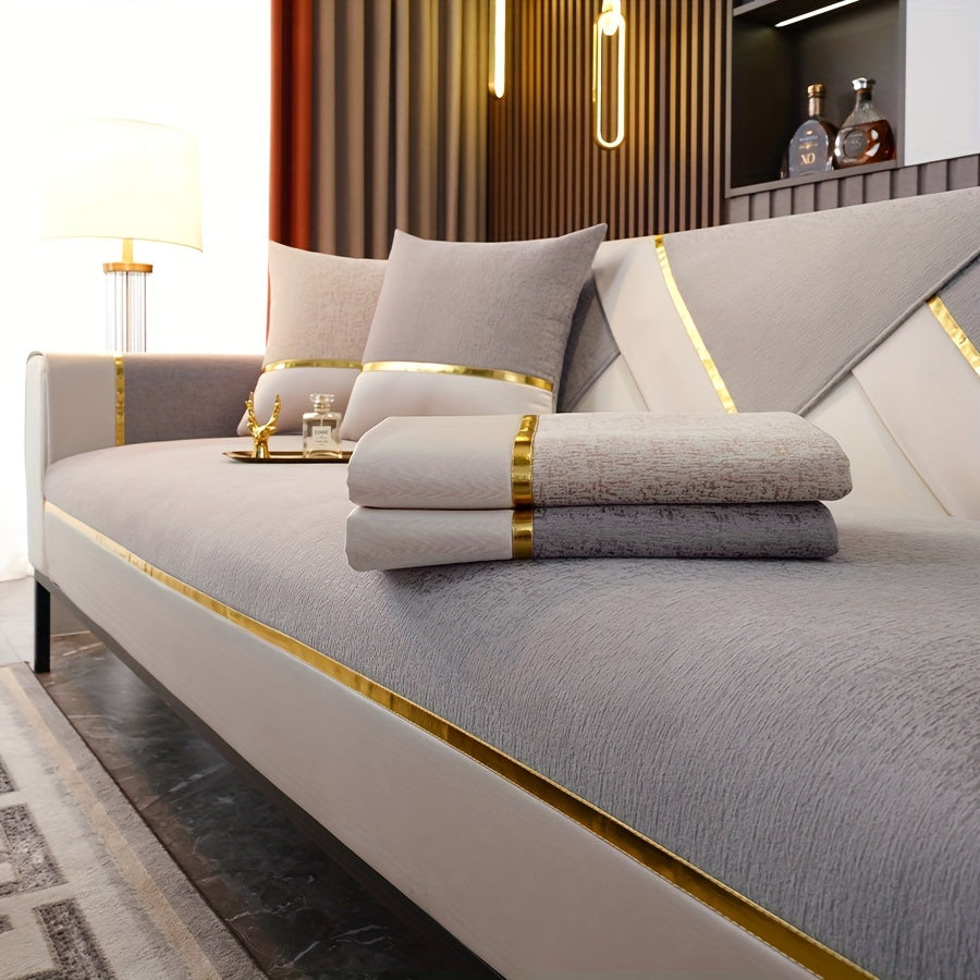 Chenille divan qopqog'i, sirpanmaydigan, oltin chekka, yashash xonasida mebellarni himoya qiladi