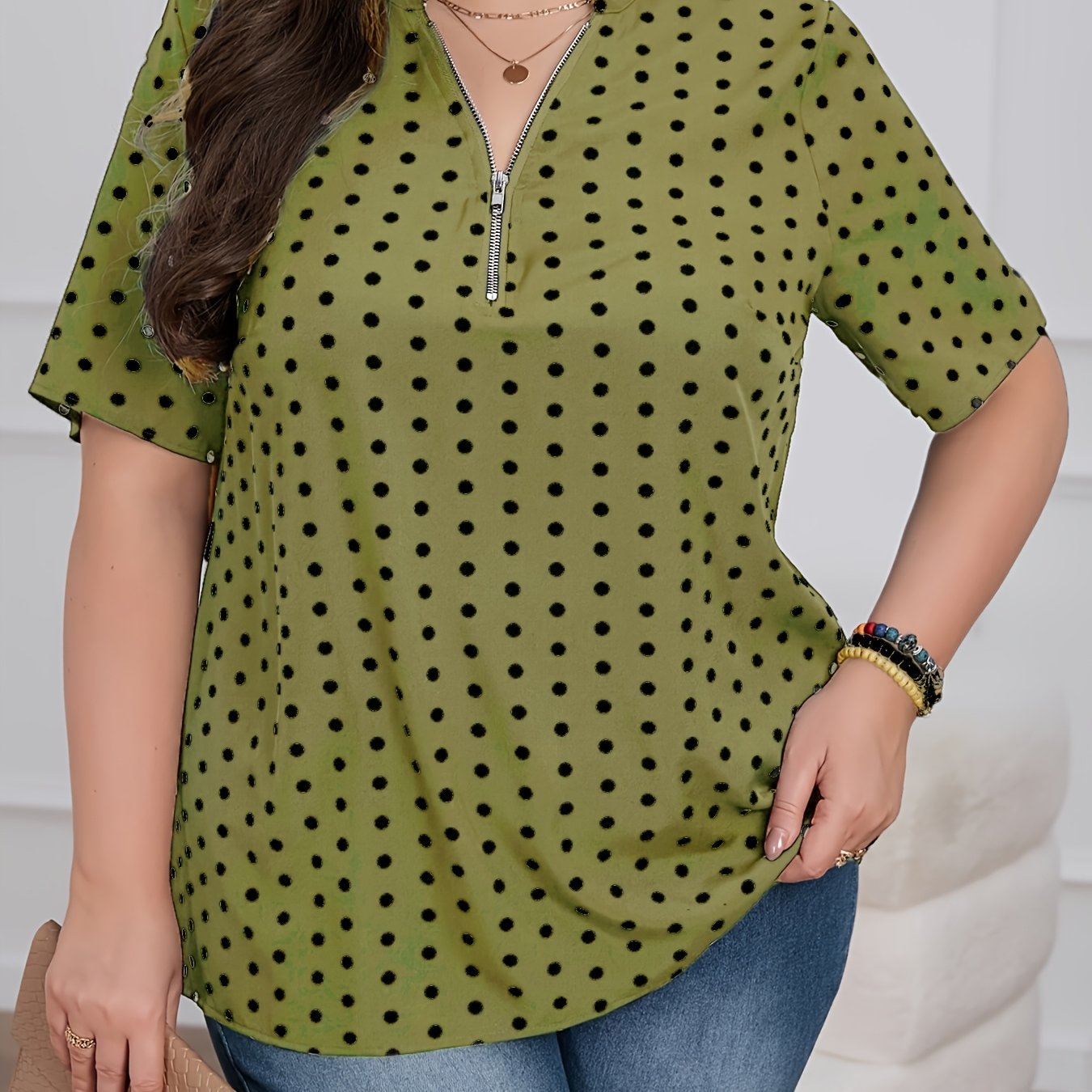 Women's Plus Size Polka Dot V-Neck Short Sleeve Zip Casual Summer Shirt