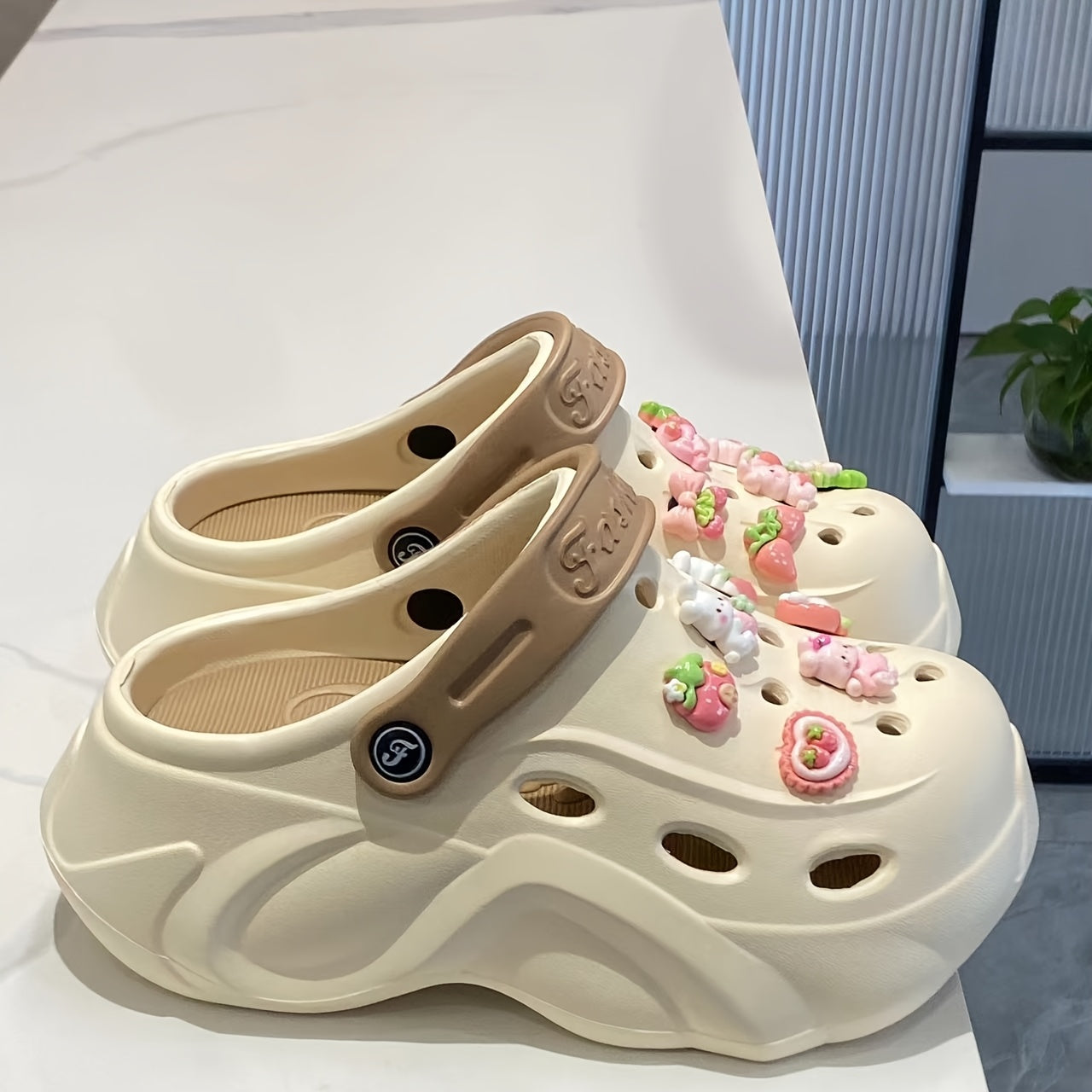 Women's EVA Hole Shoes with Pink Bunny Heel Sunflower Accessories