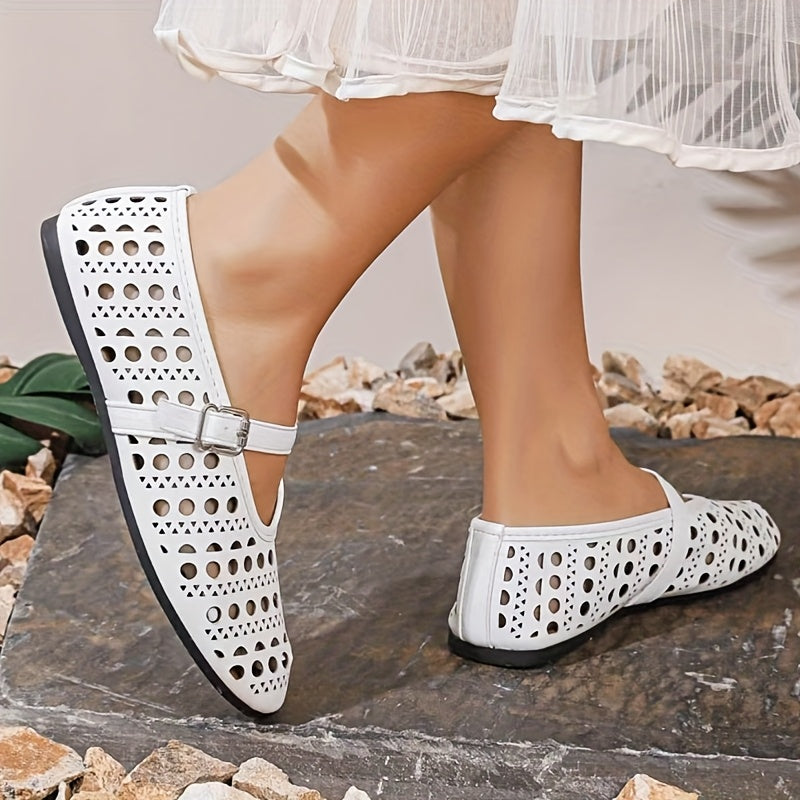 Women Breathable White Mary Jane Flats with Buckle Non-Slip Sole